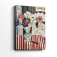 Side view of a canvas art print of a bright portrait with patterned background and soft features, showing gallery-wrapped depth.