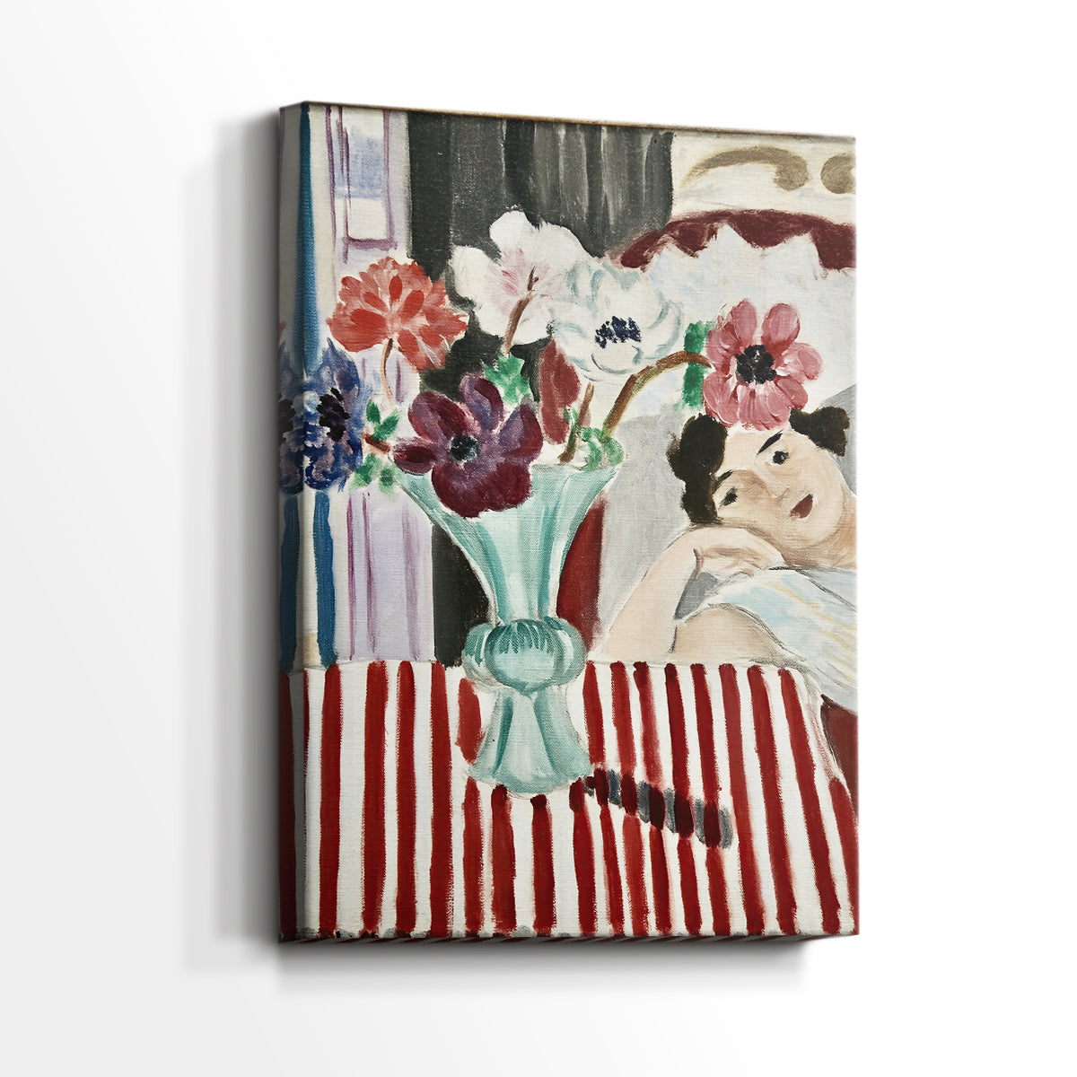 Side view of a canvas art print of a bright portrait with patterned background and soft features, showing gallery-wrapped depth.