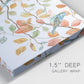 Close-up view of wrapped canvas corner featuring decorative bird trio illustration.