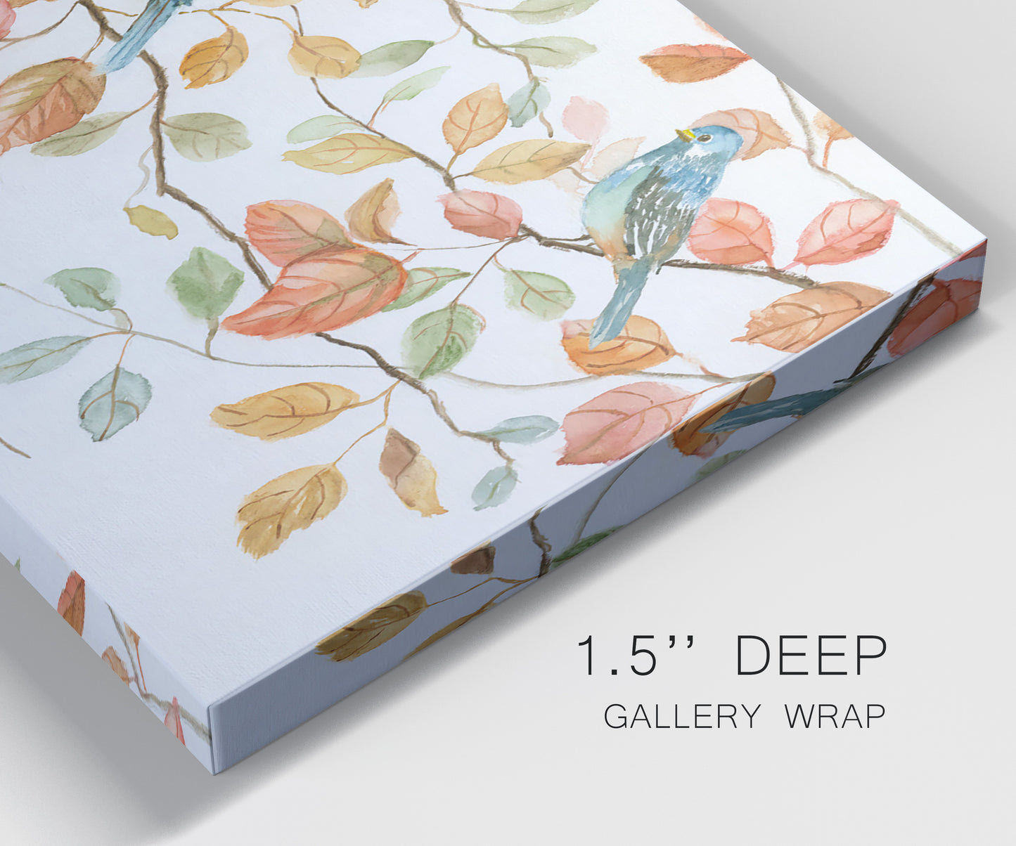Close-up view of wrapped canvas corner featuring decorative bird trio illustration.