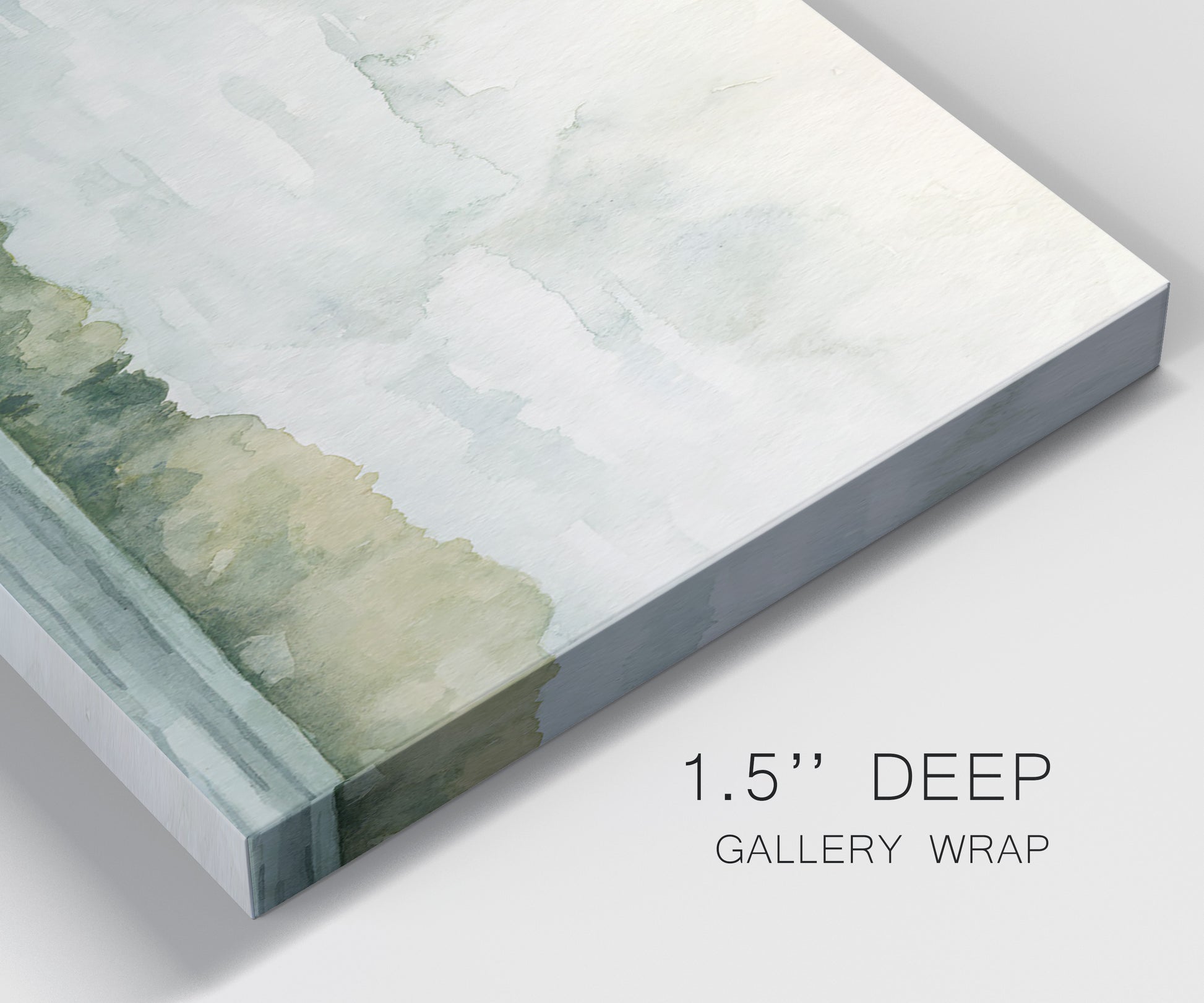 Close-up view of wrapped canvas corner featuring riverbank landscape with trees.