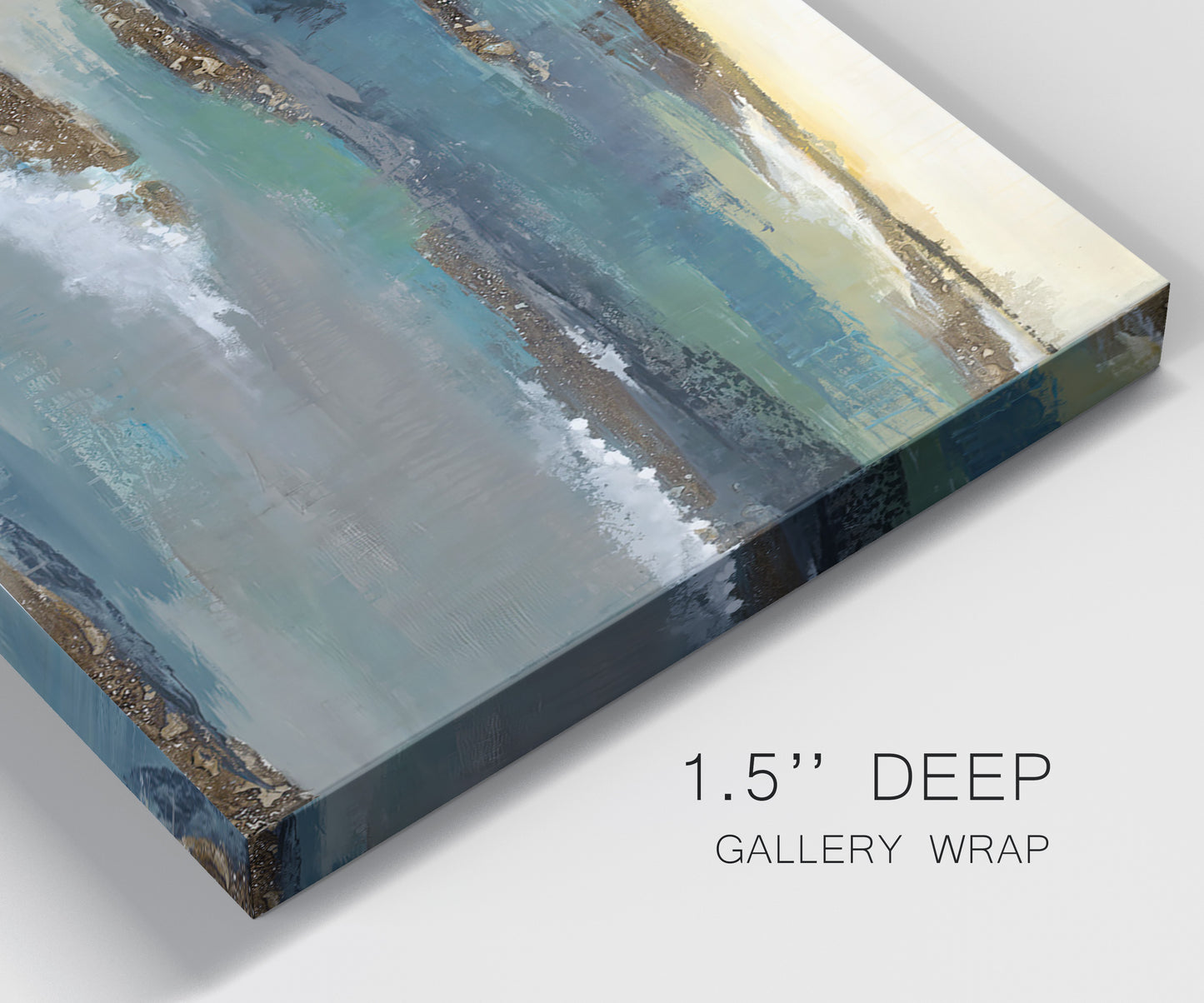 Close-up view of wrapped canvas corner featuring rocky coastal bluff above sea.