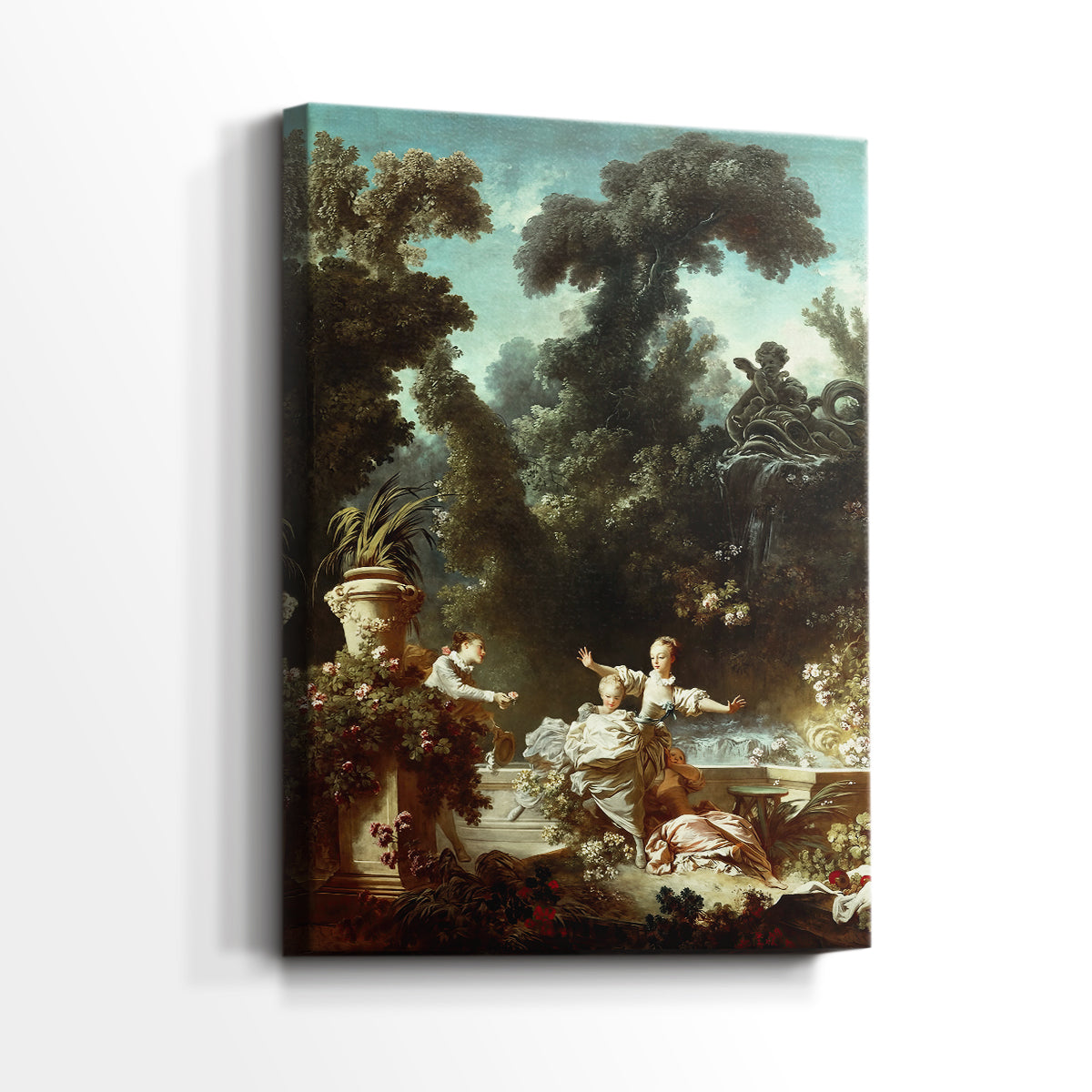 Side view of a canvas art print of a Romantic chase scene with flowing garments and greenery, showing gallery-wrapped depth.