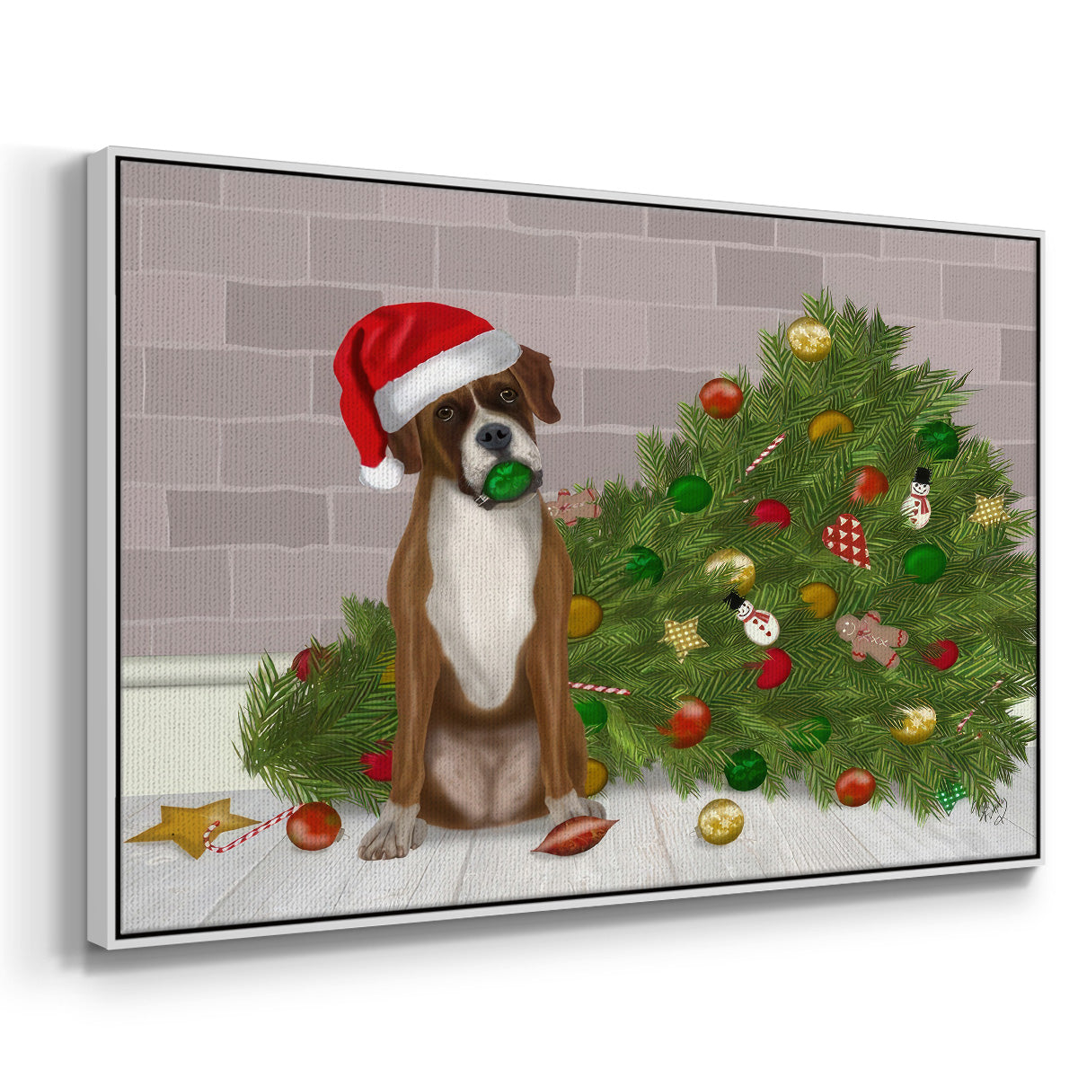 Christmas Boxer and Broken Christmas Tree - Framed Gallery Wrapped Canvas in Floating Frame