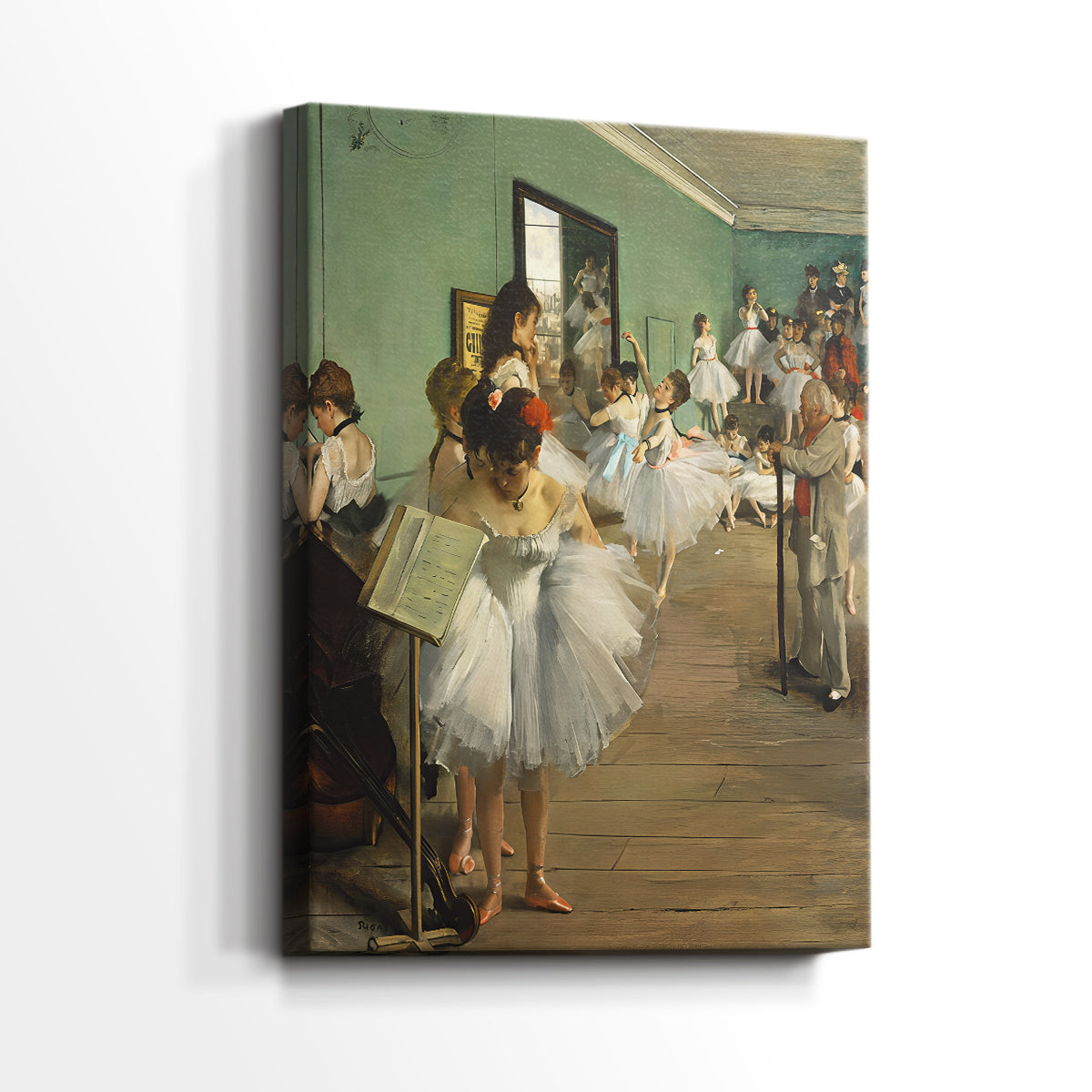 Side view of a canvas art print of a studio interior with figures in motion and relaxed poses, showing gallery-wrapped depth.