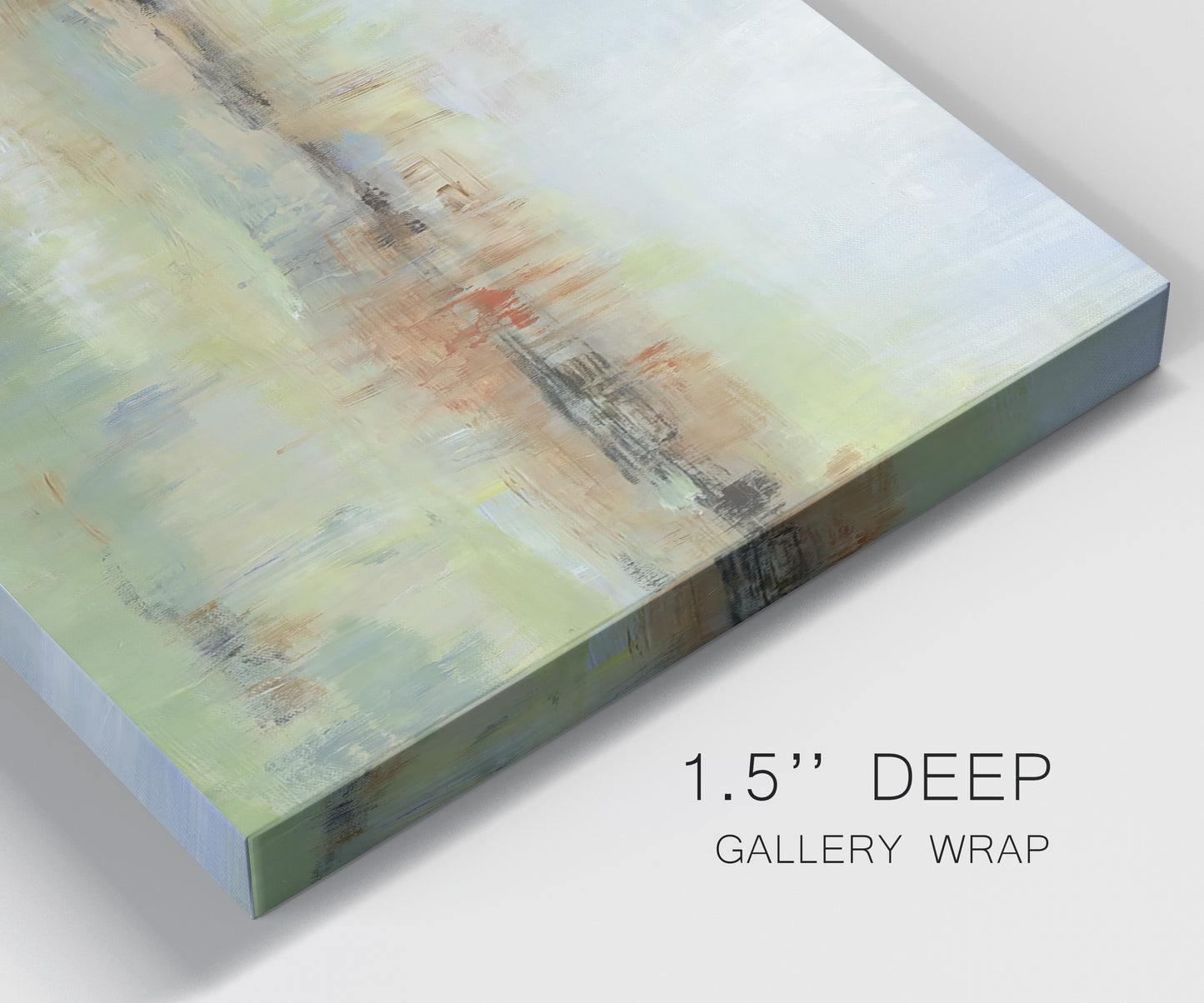 Close-up view of wrapped canvas corner featuring layered abstract transitional textures.