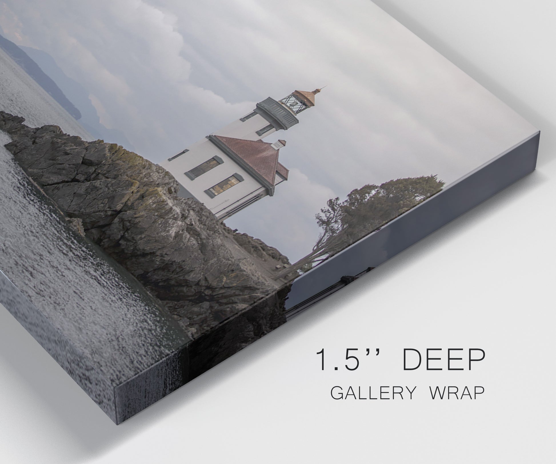Close-up view of wrapped canvas corner featuring lighthouse watching over coastline.