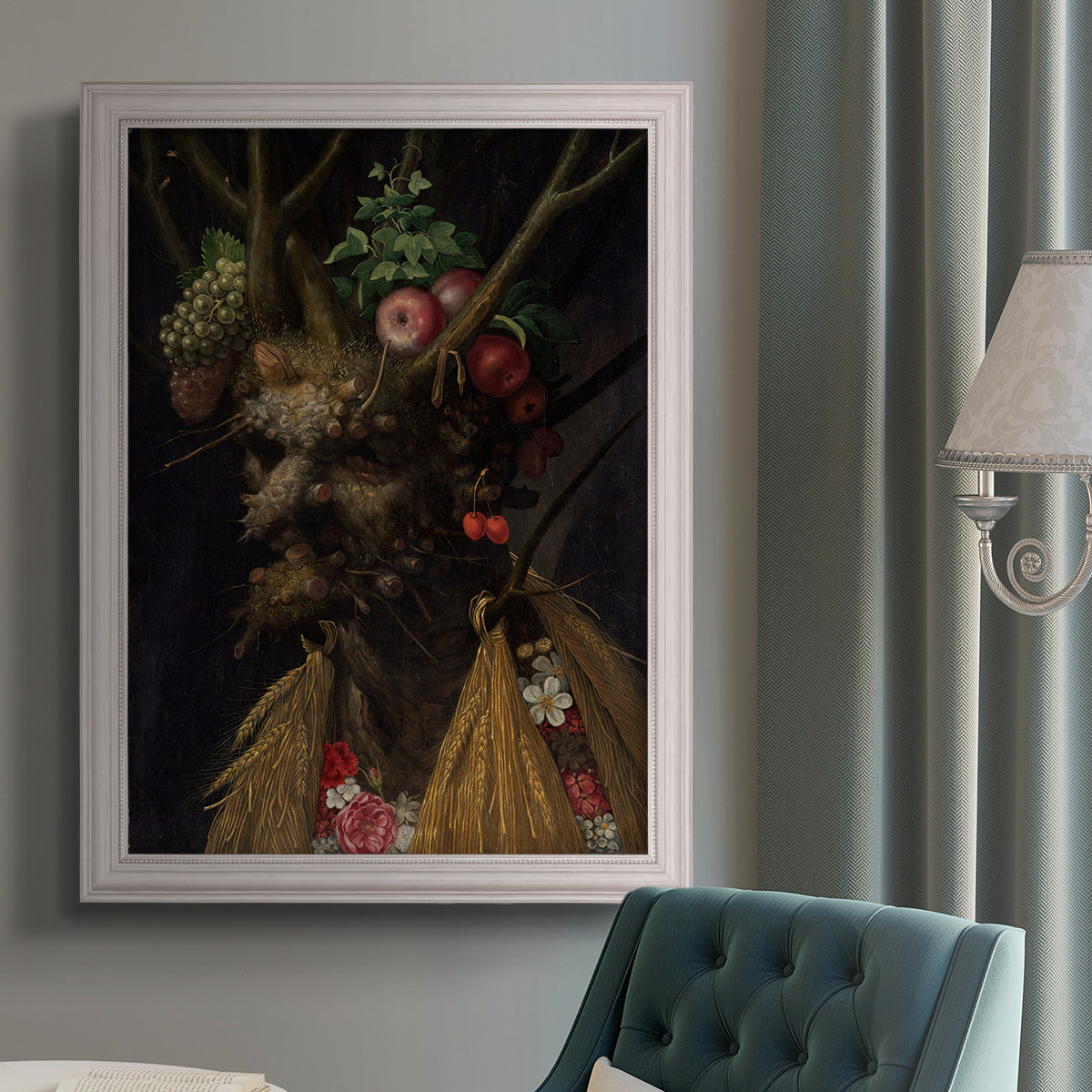 Surreal allegorical portrait representing the four seasons by Giuseppe Arcimboldo in an {frame_style_descriptor} displayed in a neutral interior setting.