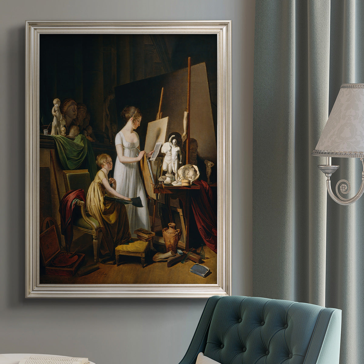 Classical interior painting of an artist at work by Louis-Leopold Boilly in an {frame_style_descriptor} displayed in a neutral interior setting.