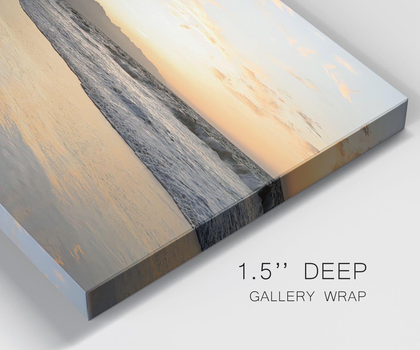 Close-up view of wrapped canvas corner featuring quiet tropical shoreline at low tide.