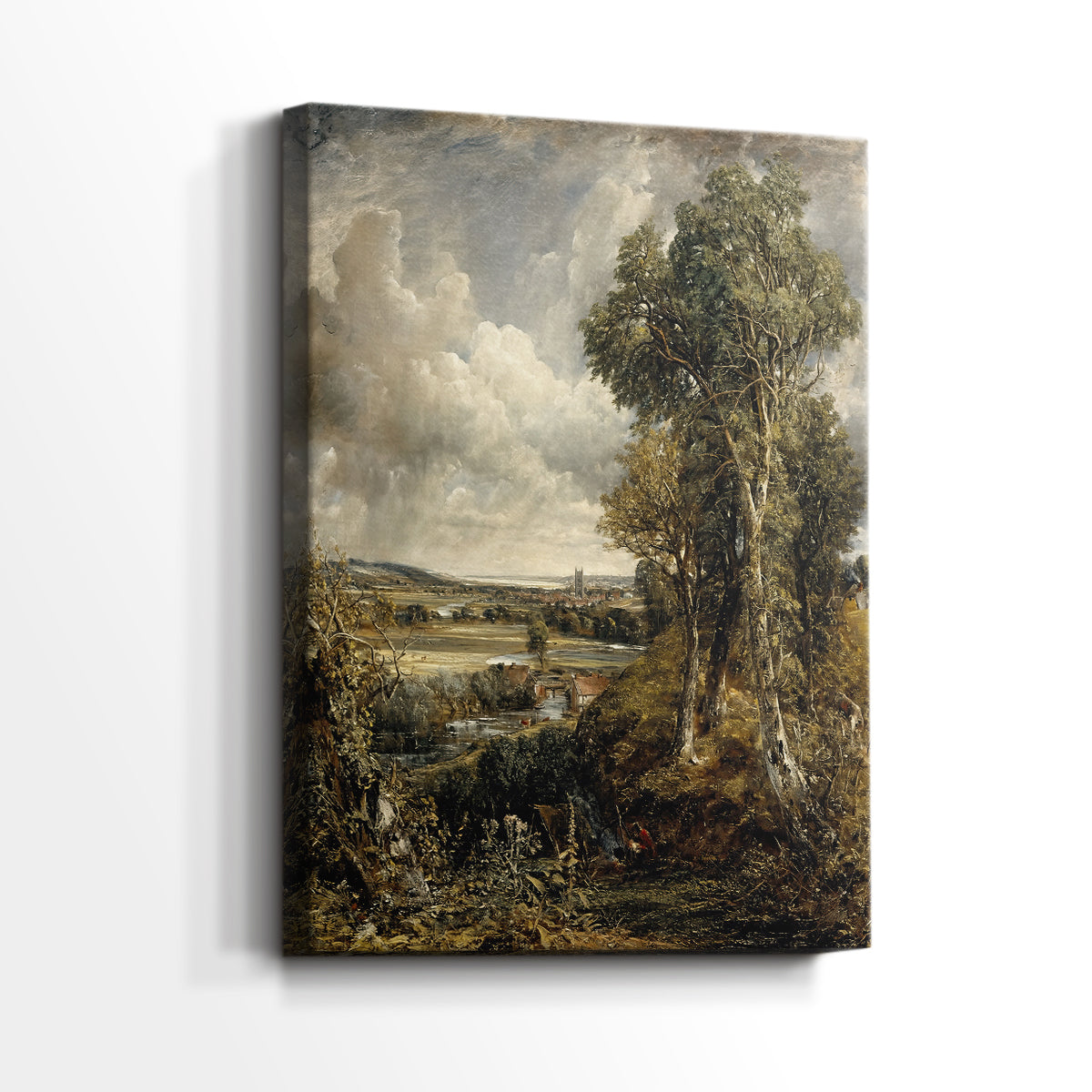 Side view of a canvas art print of a peaceful landscape with natural tones and open sky, showing gallery-wrapped depth.