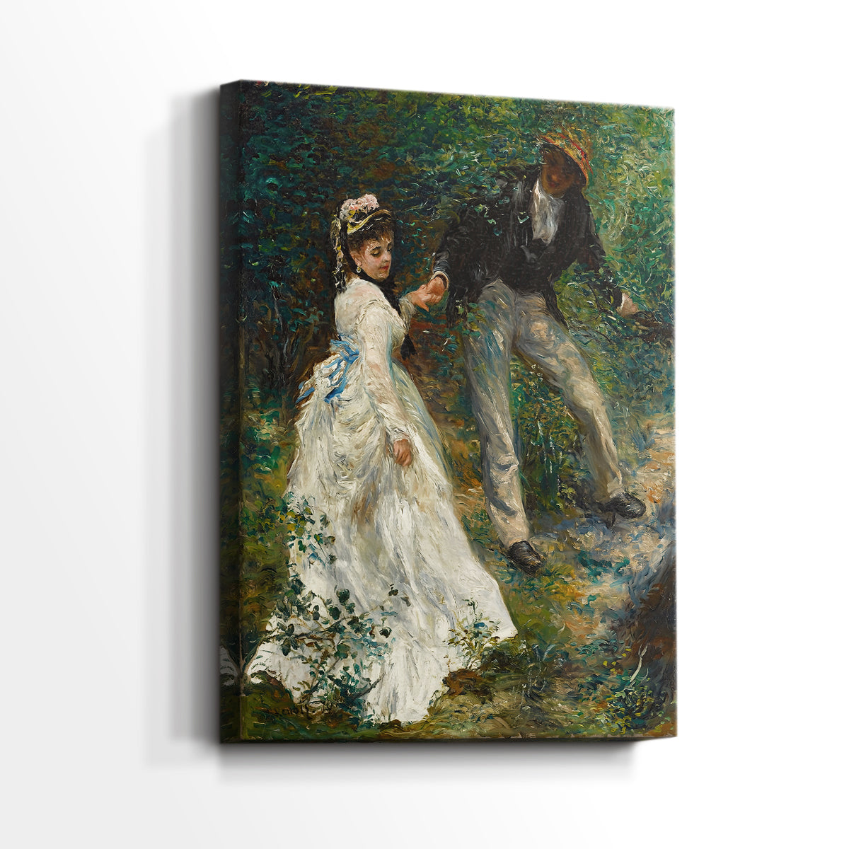 Side view of a canvas art print of a Romantic outdoor scene with light filtering through trees, showing gallery-wrapped depth.
