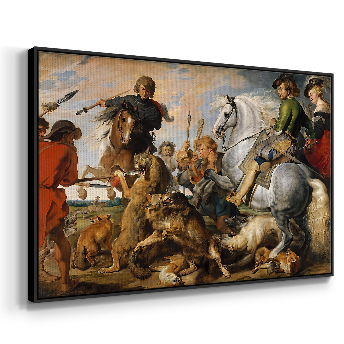 The Wolf and Fox Hunt, c. 1616 - Floater Framed Canvas Print