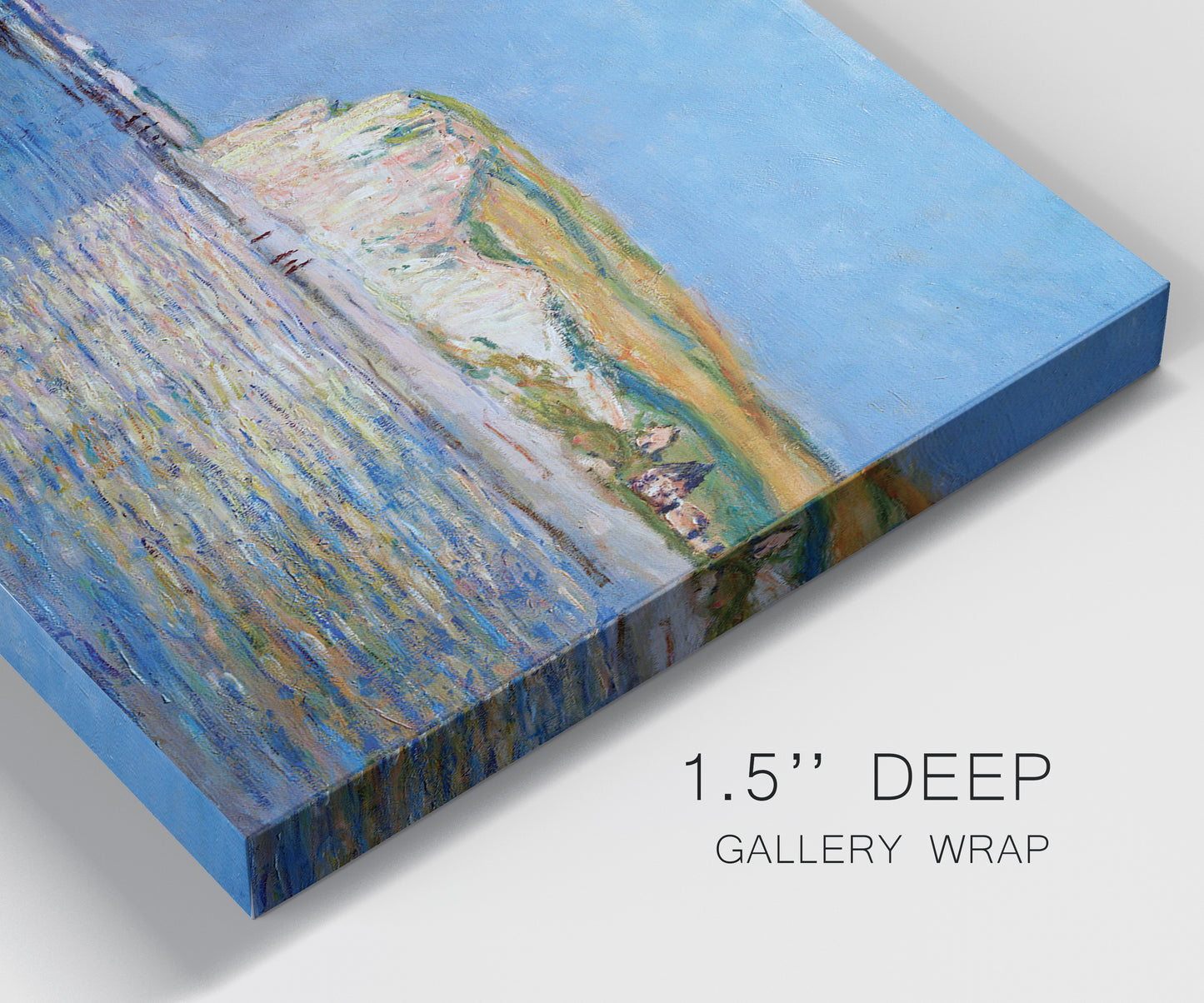 Close-up view of wrapped canvas corner featuring white cliffs rising above sea.