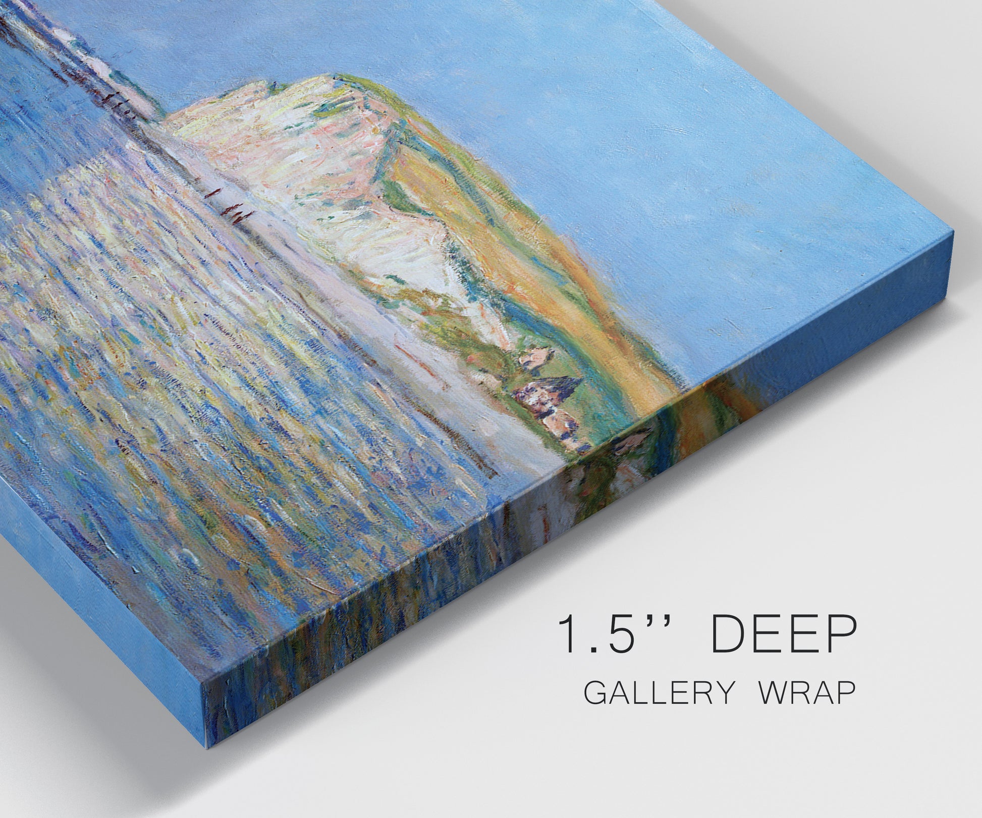 Close-up view of wrapped canvas corner featuring white cliffs rising above sea.