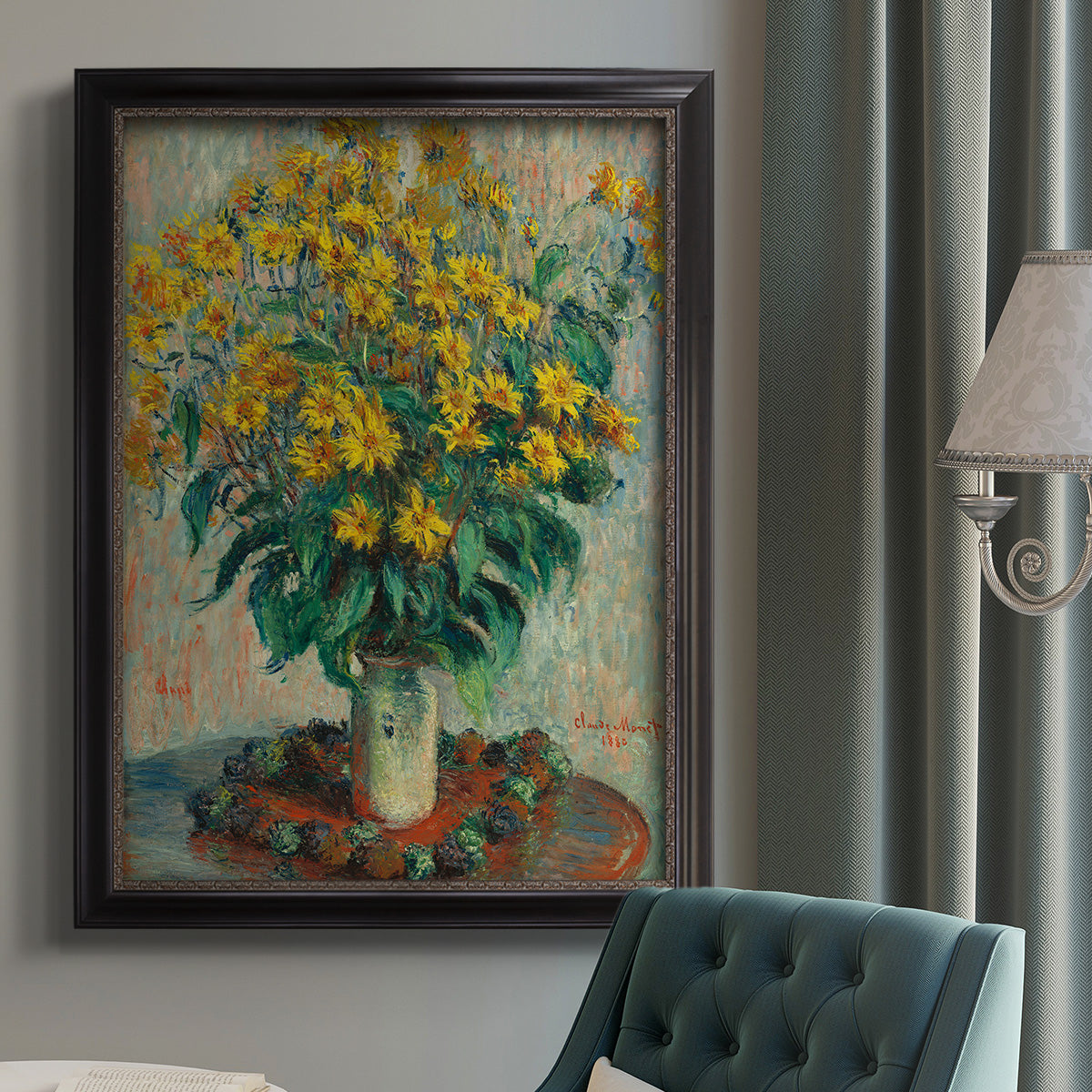 Impressionist floral painting of artichoke flowers by Claude Monet in an {frame_style_descriptor} displayed in a neutral interior setting.