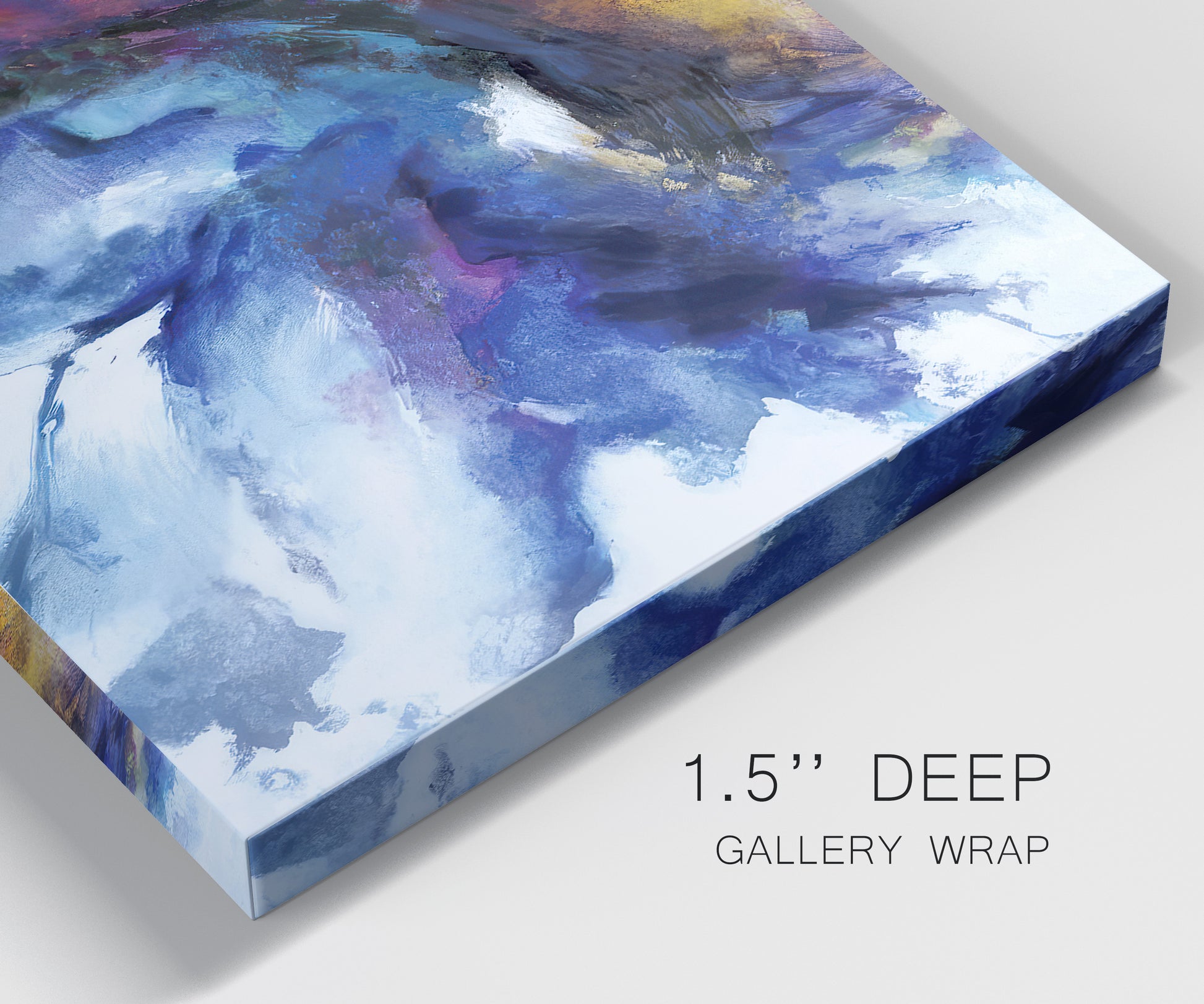 Close-up view of wrapped canvas corner featuring vibrant abstract color explosion.