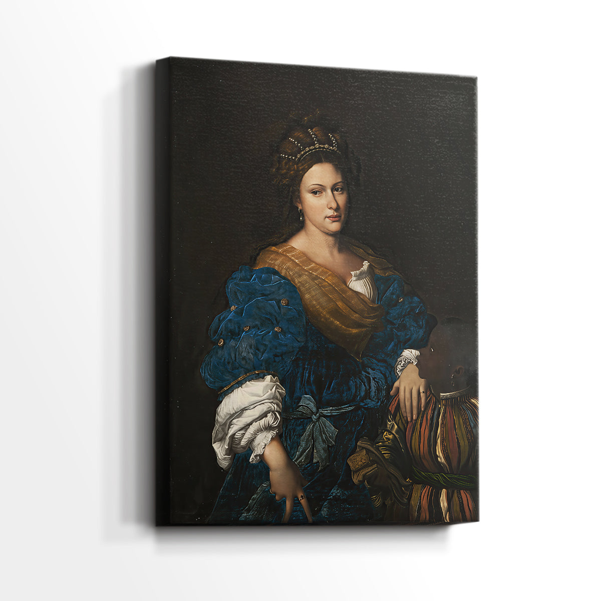 Side view of a canvas art print of a classical composition with interaction and detail, showing gallery-wrapped depth.