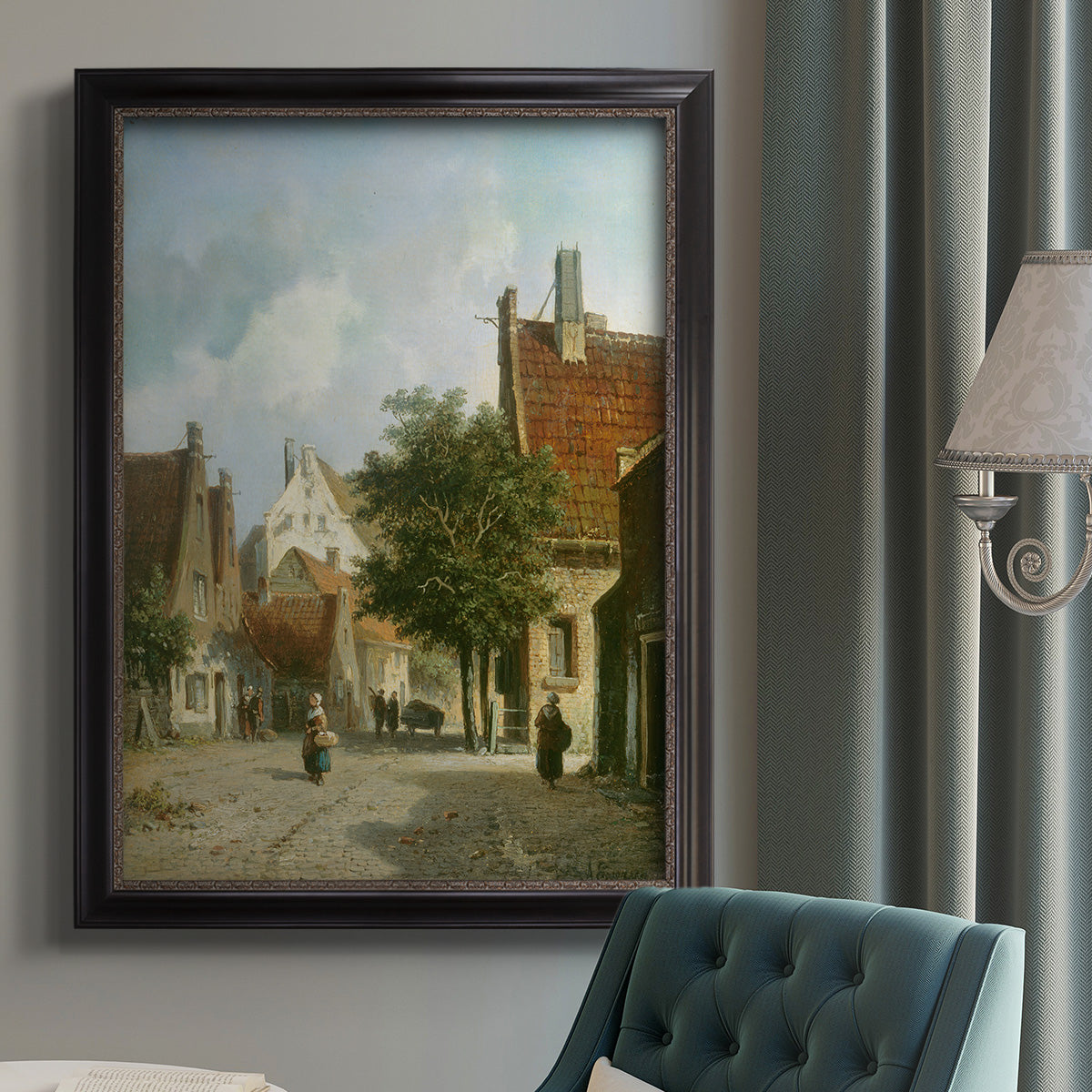 Rustic European street scene painting by Adriaan Eversen in an {frame_style_descriptor} displayed in a neutral interior setting.