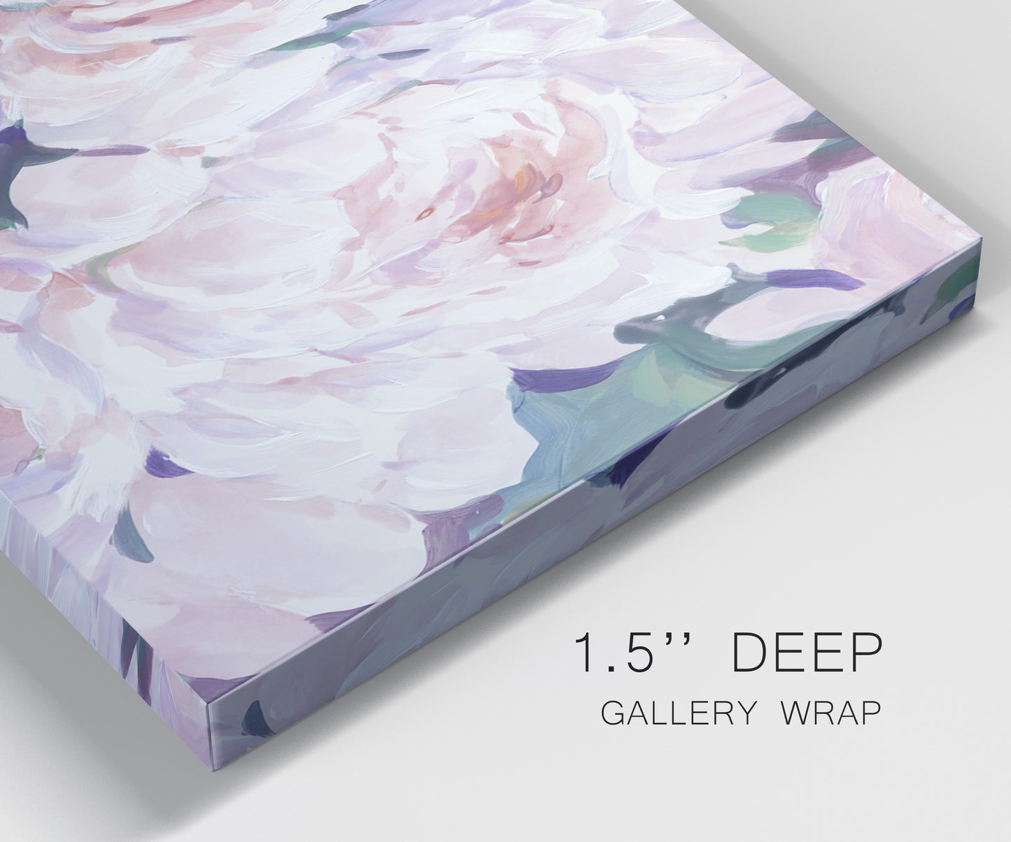 Close-up view of wrapped canvas corner featuring soft pink peonies in bloom.