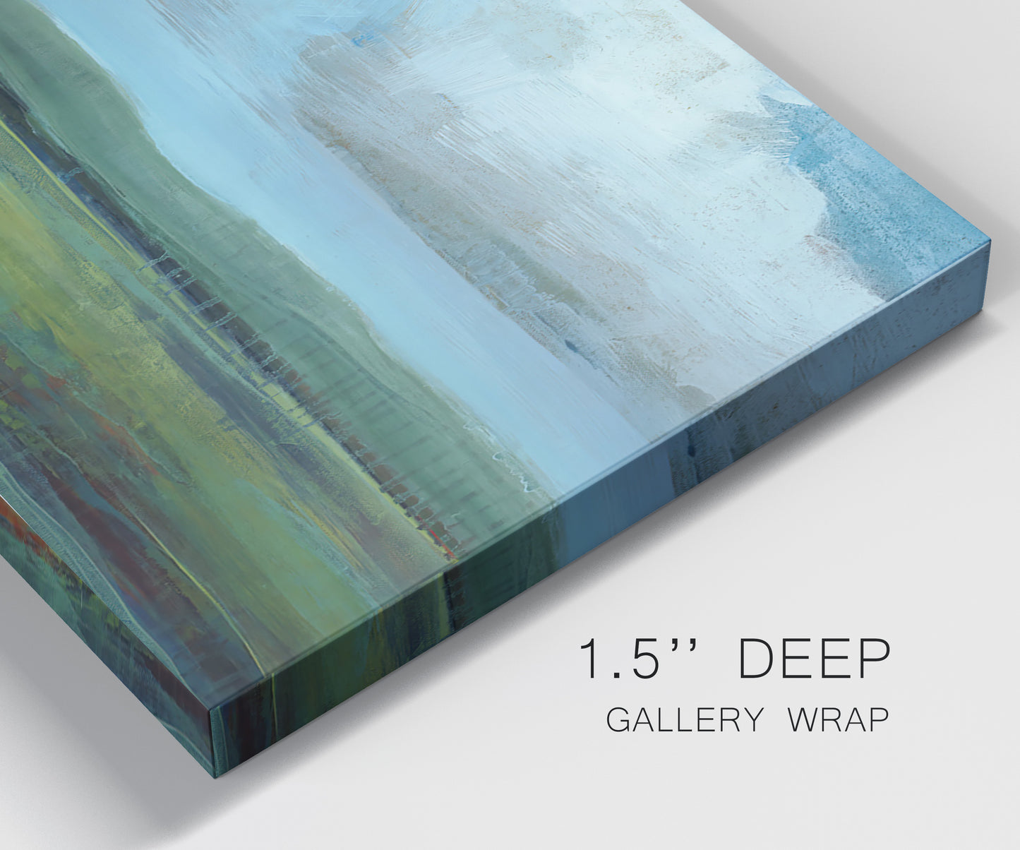 Close-up view of wrapped canvas corner featuring wide valley landscape with rolling hills.