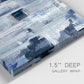 Close-up view of wrapped canvas corner featuring soft abstract mountain color fields.