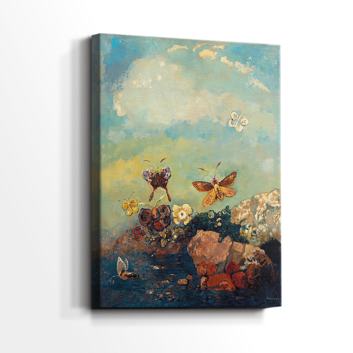 Side view of a canvas art print of a dreamlike image with insects and soft tones, showing gallery-wrapped depth.