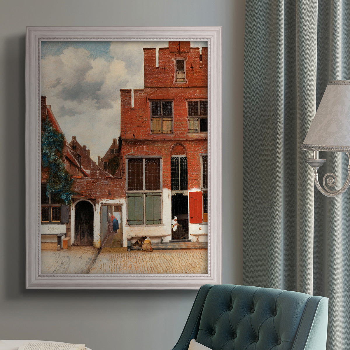 Realist city street scene by Johannes Vermeer in an {frame_style_descriptor} displayed in a neutral interior setting.