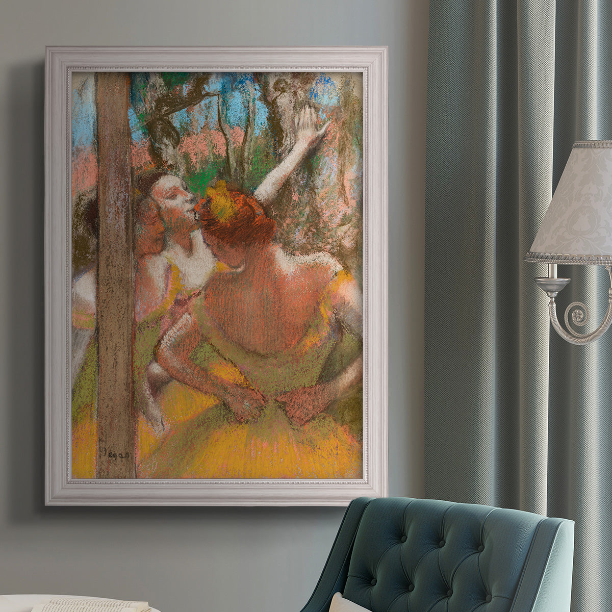 Impressionist ballet dancer composition by Edgar Degas in an {frame_style_descriptor} displayed in a neutral interior setting.