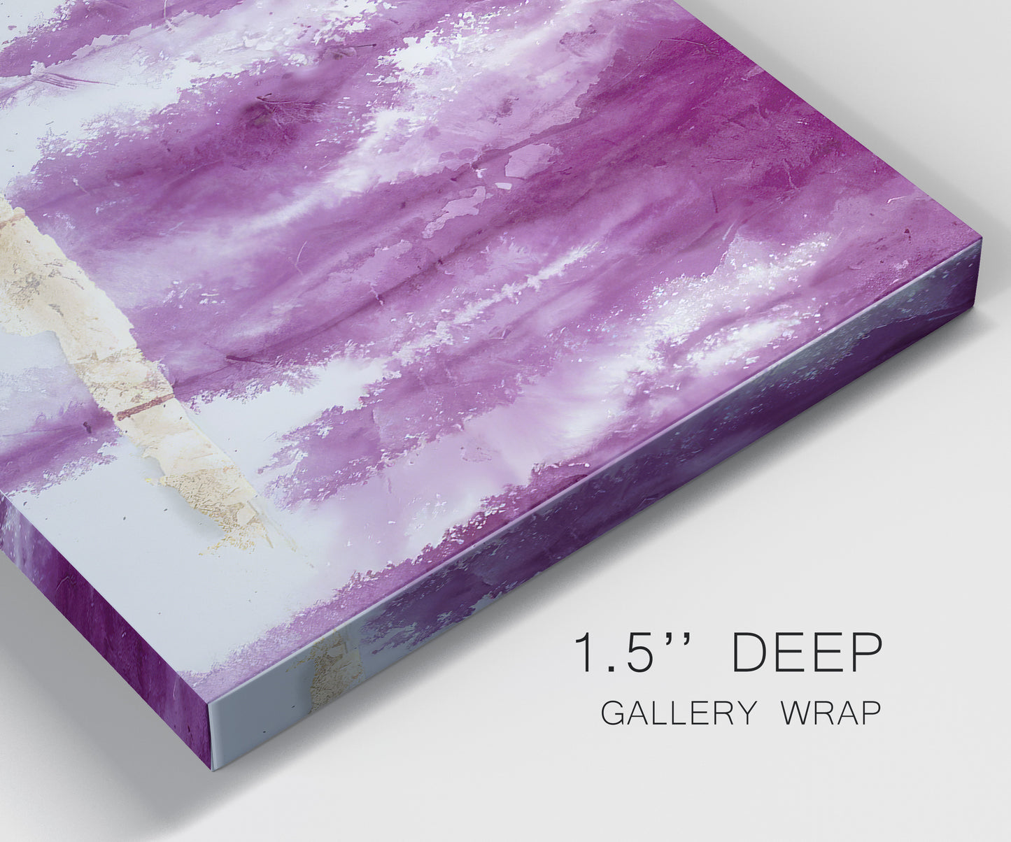 Close-up view of wrapped canvas corner featuring saturated abstract color fields.