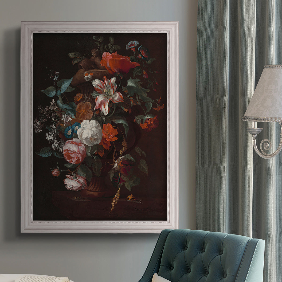 Classical floral still life painting by Jan van Huysum in an {frame_style_descriptor} displayed in a neutral interior setting.