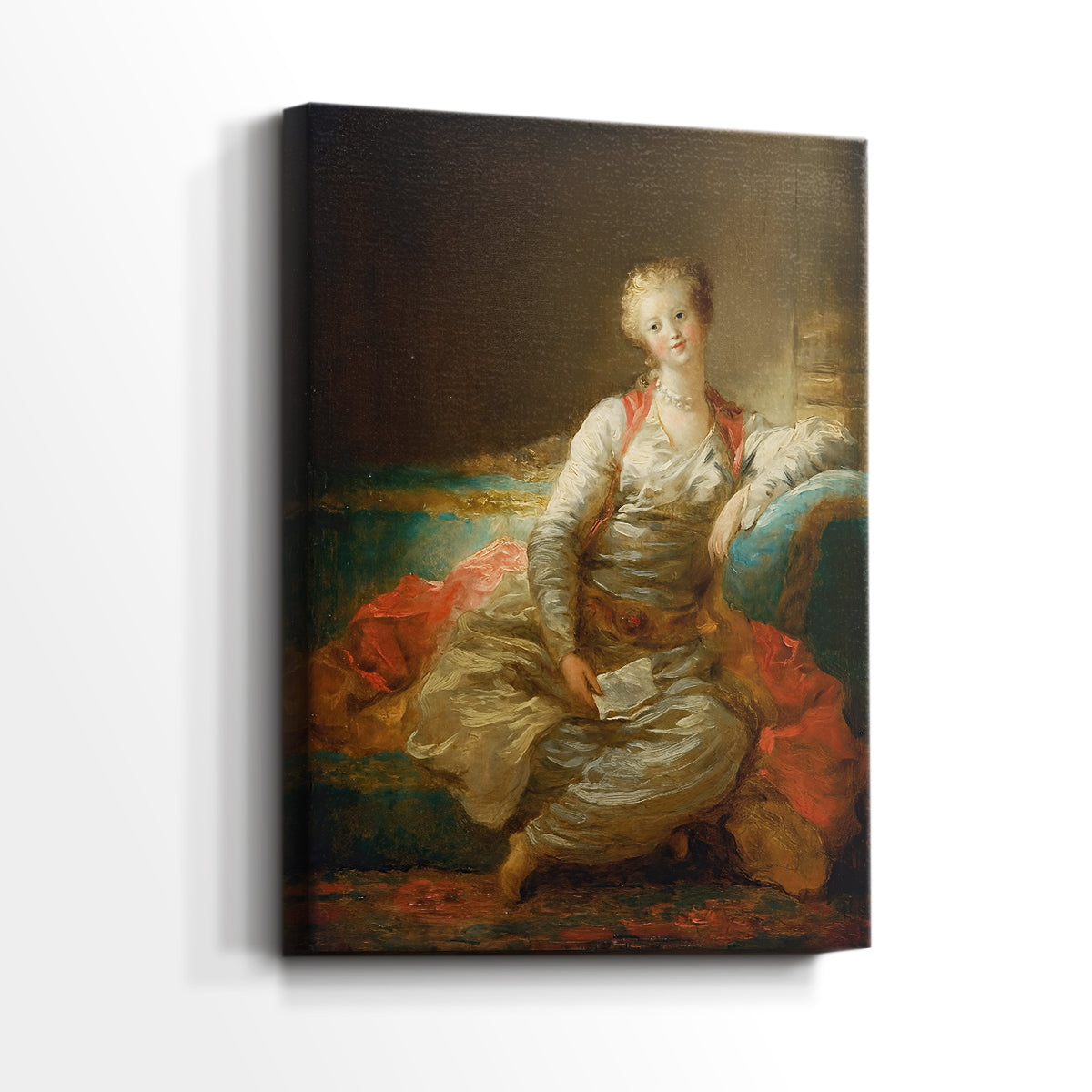 Side view of a canvas art print of a stylized figure in a relaxed pose with ornate detail, showing gallery-wrapped depth.