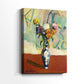Side view of a canvas art print of a vivid composition with flowers and ornamental detail, showing gallery-wrapped depth.