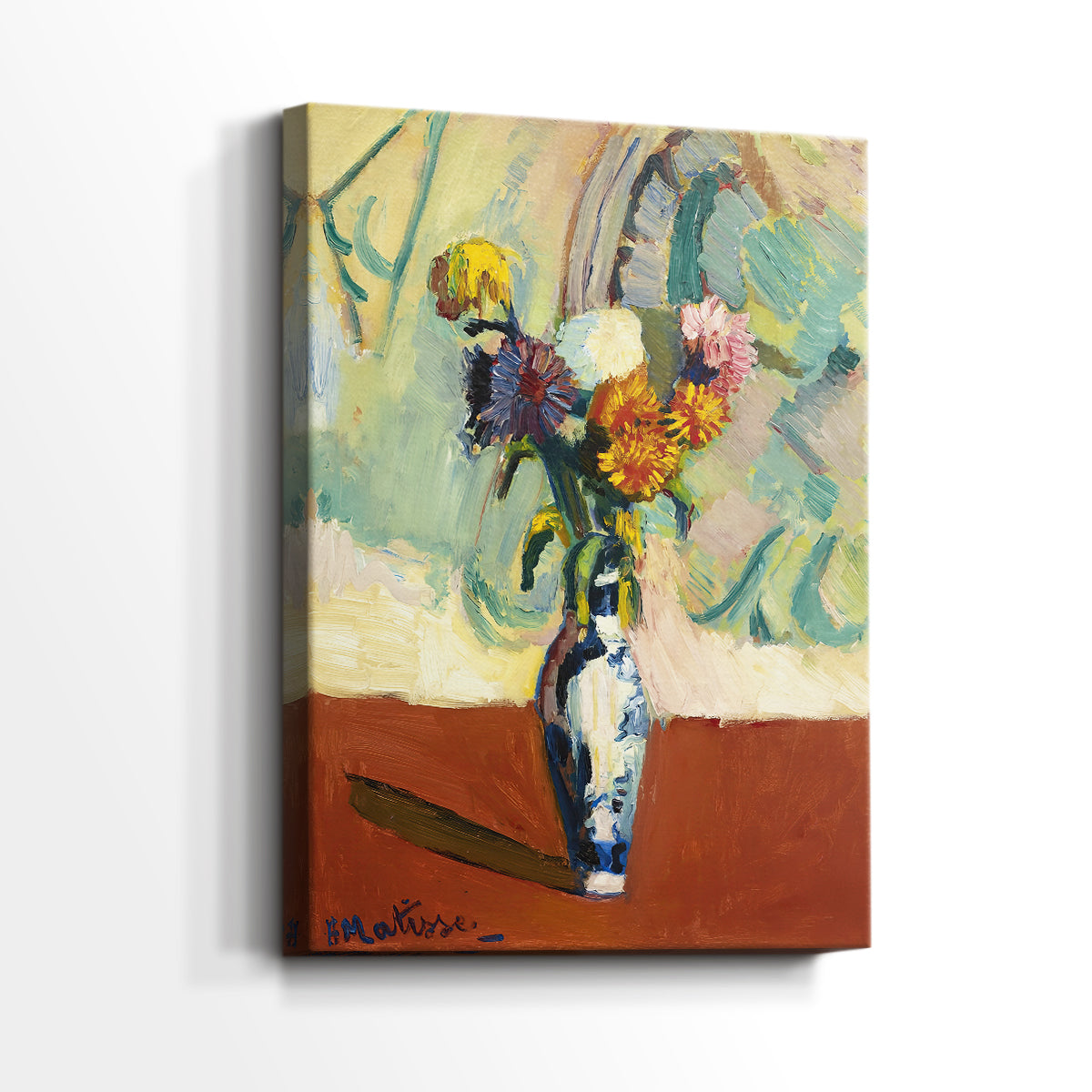 Side view of a canvas art print of a vivid composition with flowers and ornamental detail, showing gallery-wrapped depth.