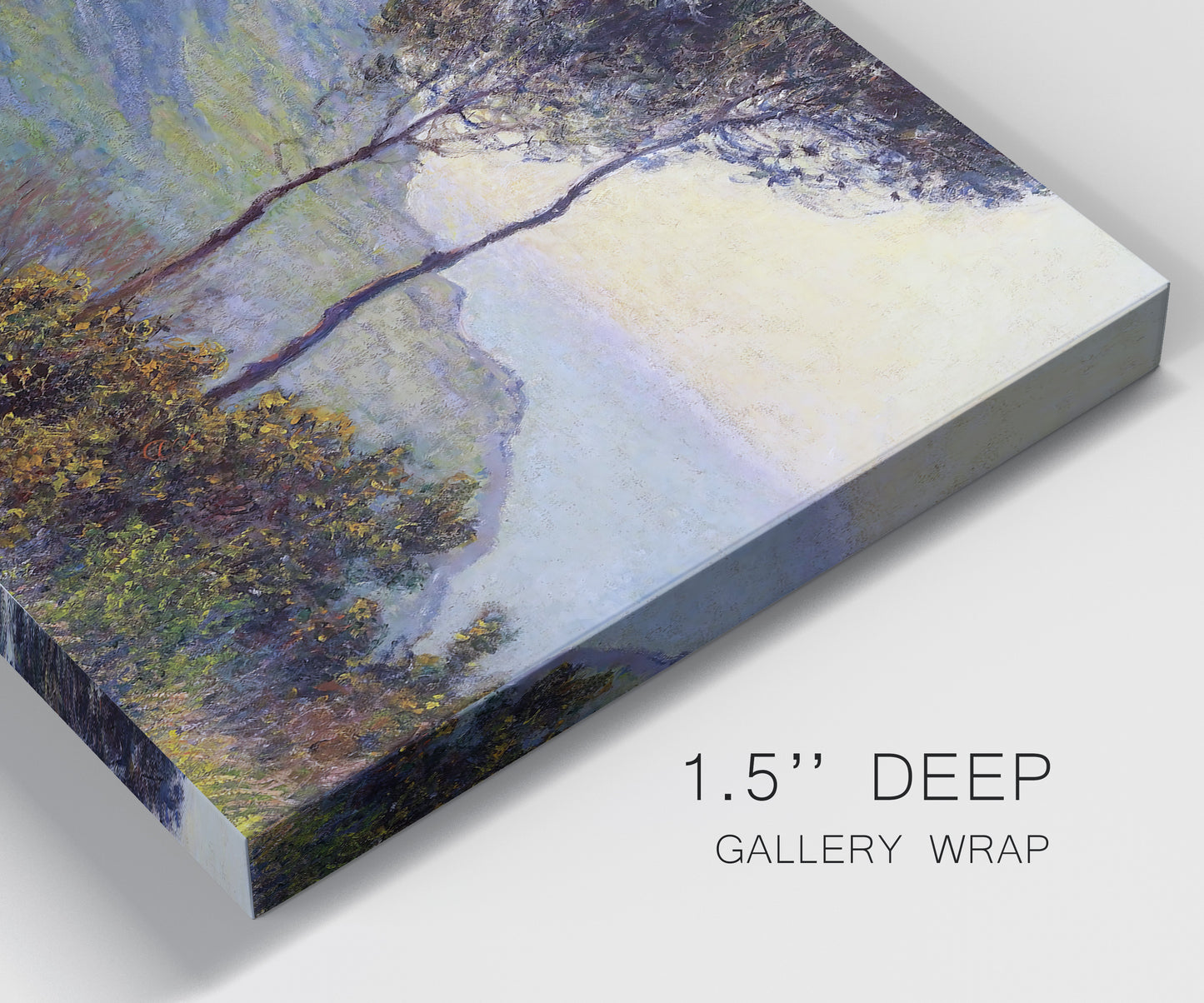 Close-up view of wrapped canvas corner featuring village church at sunset.