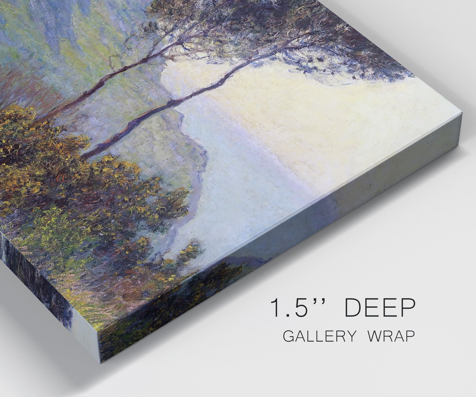 Close-up view of wrapped canvas corner featuring village church at sunset.