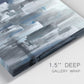 Close-up view of wrapped canvas corner featuring urban cityscape rendered in blue tones.