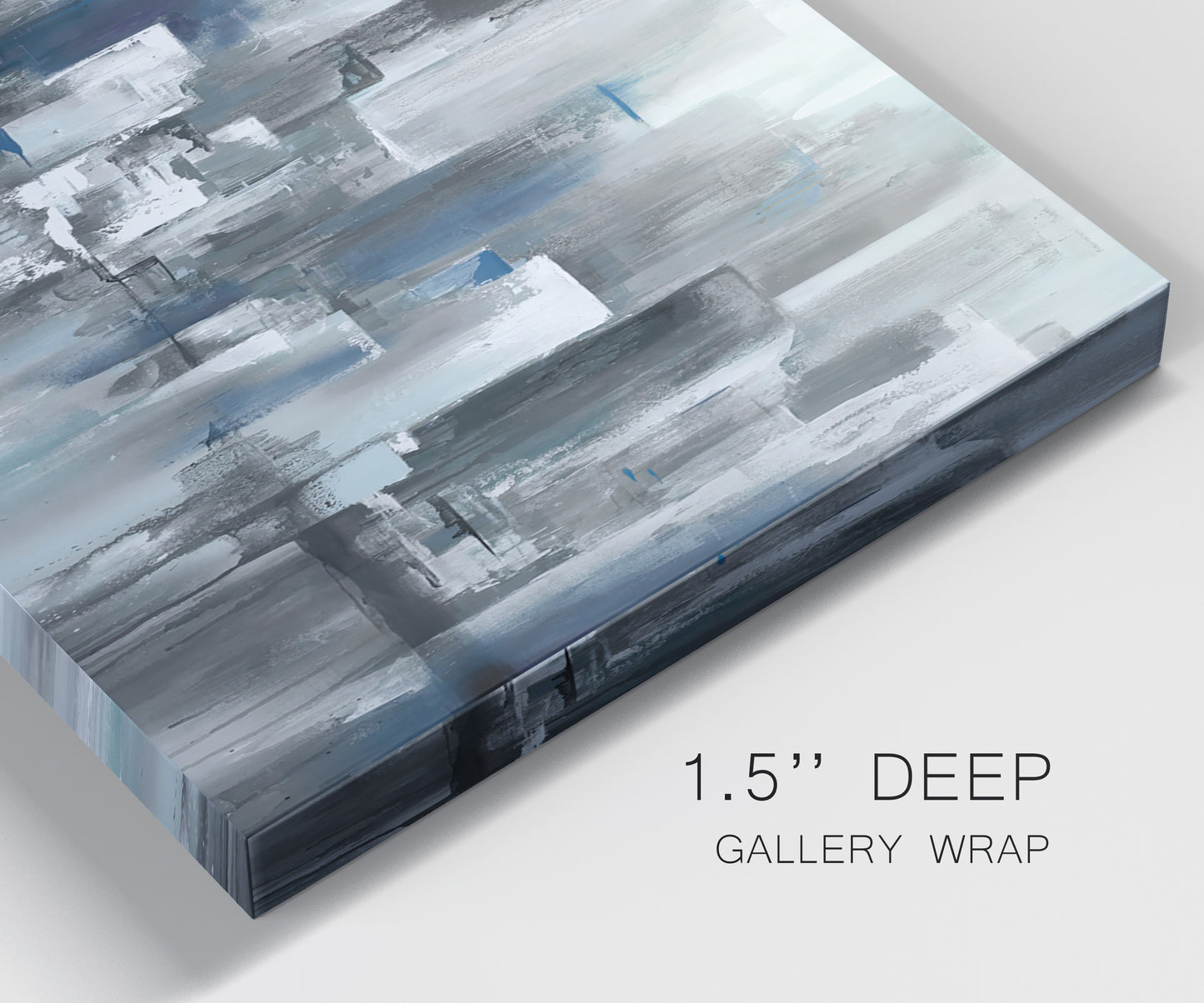 Close-up view of wrapped canvas corner featuring urban cityscape rendered in blue tones.