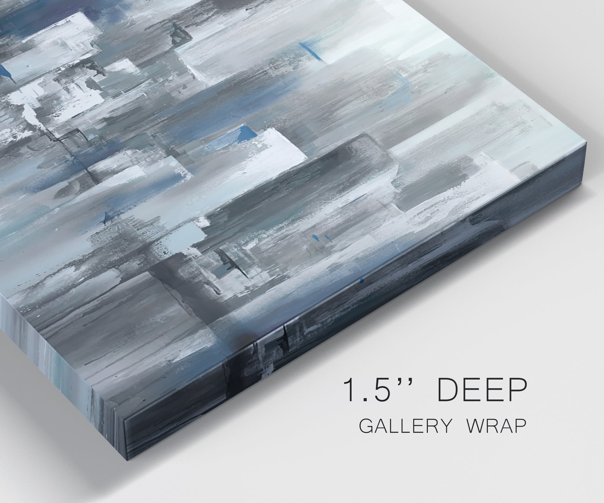 Close-up view of wrapped canvas corner featuring urban cityscape rendered in blue tones.