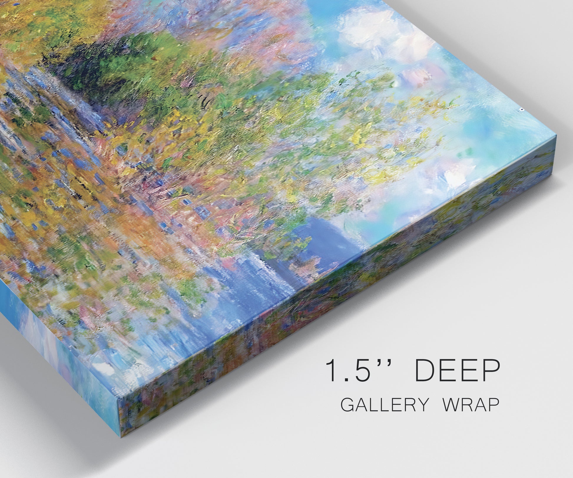 Close-up view of wrapped canvas corner featuring wide river landscape.