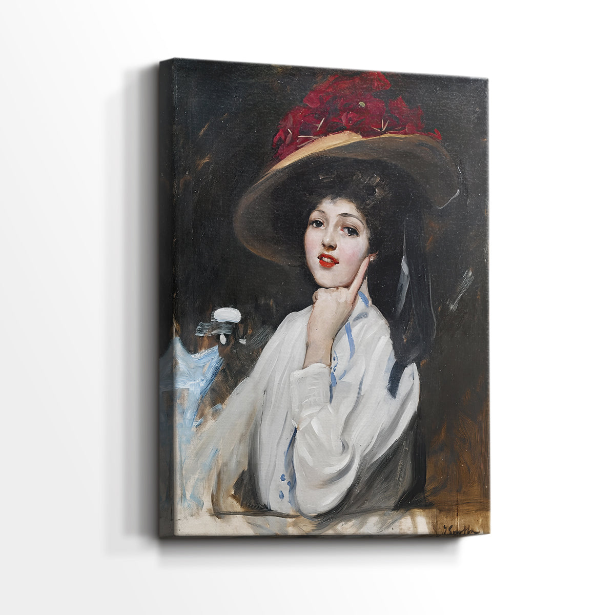 Side view of a canvas art print of a refined portrait with balanced color and texture, showing gallery-wrapped depth.
