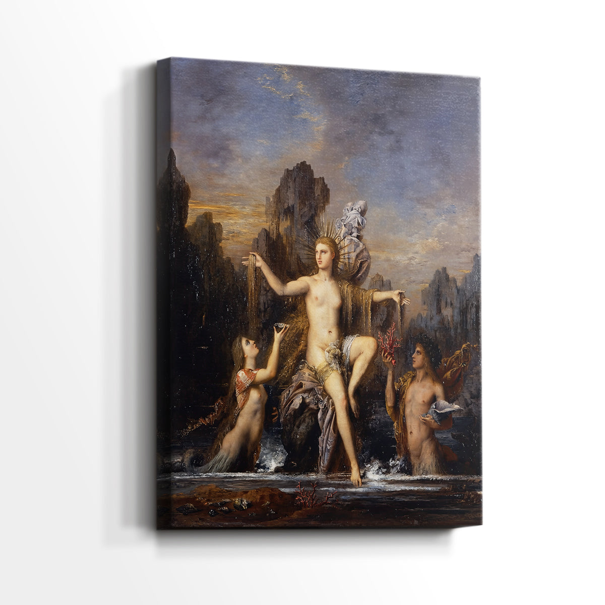 Side view of a canvas art print of a dramatic figure surrounded by waves and soft light, showing gallery-wrapped depth.