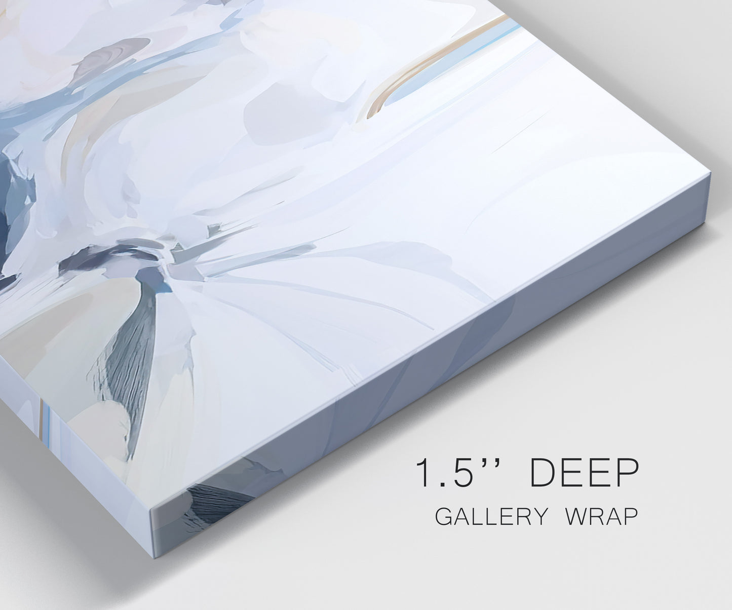 Close-up view of wrapped canvas corner featuring airy abstract movement composition.