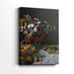 Side view of a canvas art print of a classic still life with layered textures and gentle light, showing gallery-wrapped depth.