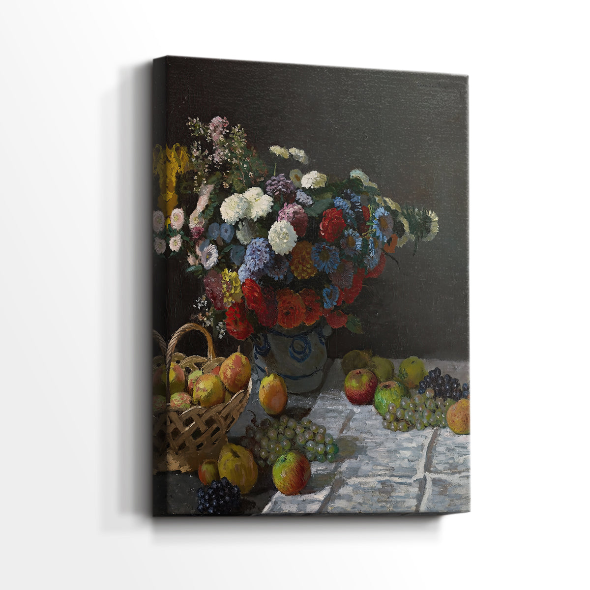 Side view of a canvas art print of a classic still life with layered textures and gentle light, showing gallery-wrapped depth.