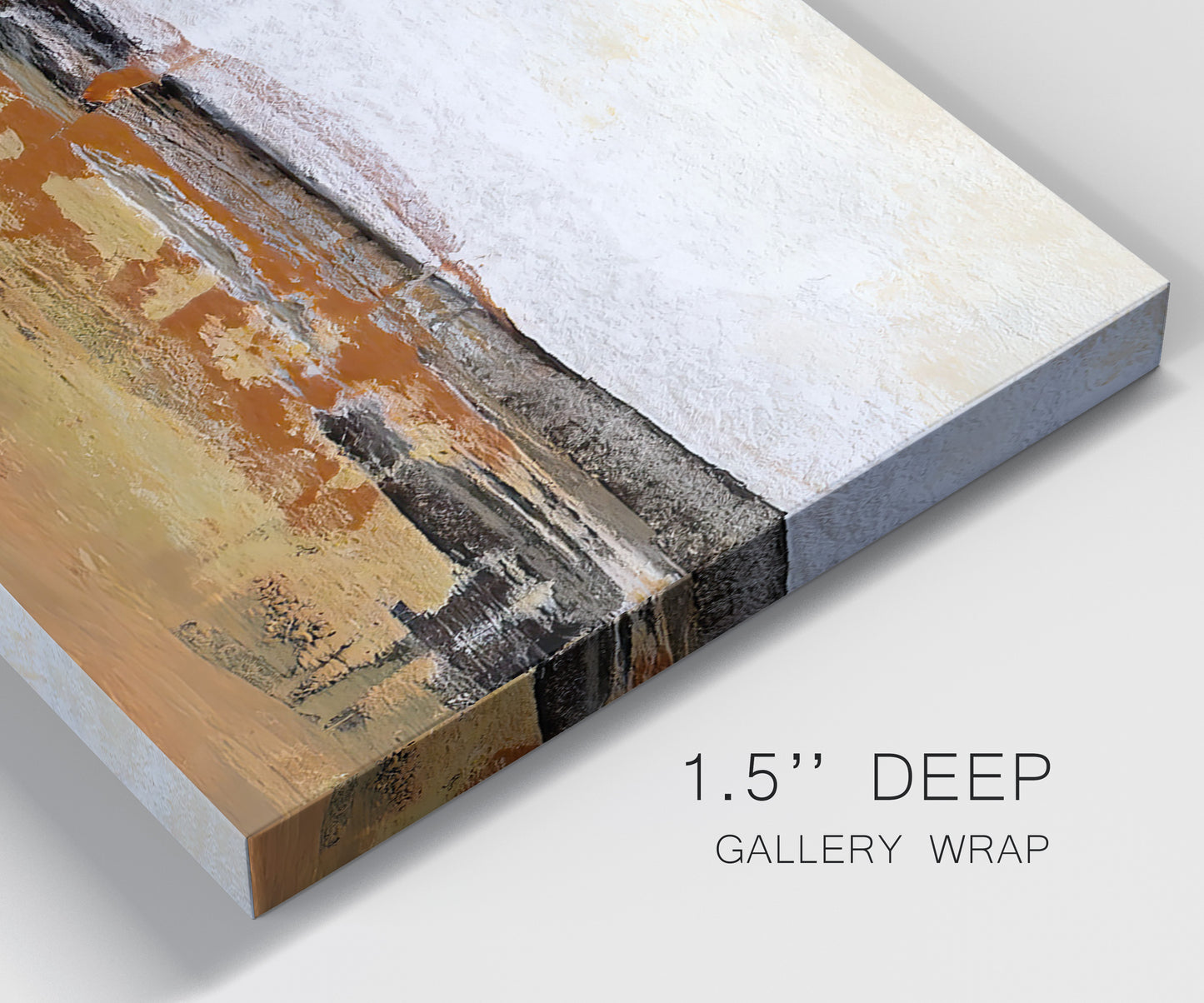 Close-up view of wrapped canvas corner featuring abstract bridge landscape in ochre.