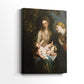 Side view of a canvas art print of a devotional scene with multiple figures and rich tonal contrast, showing gallery-wrapped depth.