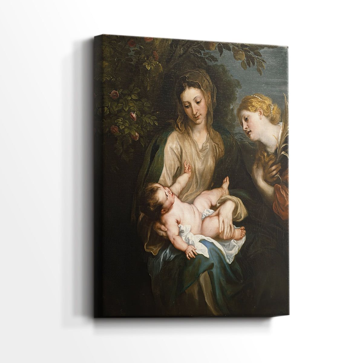 Side view of a canvas art print of a devotional scene with multiple figures and rich tonal contrast, showing gallery-wrapped depth.