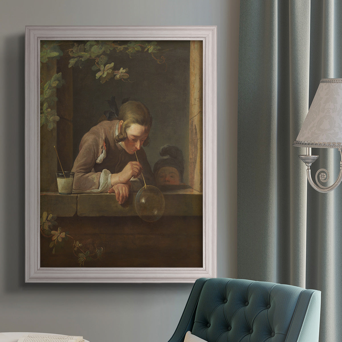 Classical genre painting of a child blowing soap bubbles by Jean-Siméon Chardin in an {frame_style_descriptor} displayed in a neutral interior setting.
