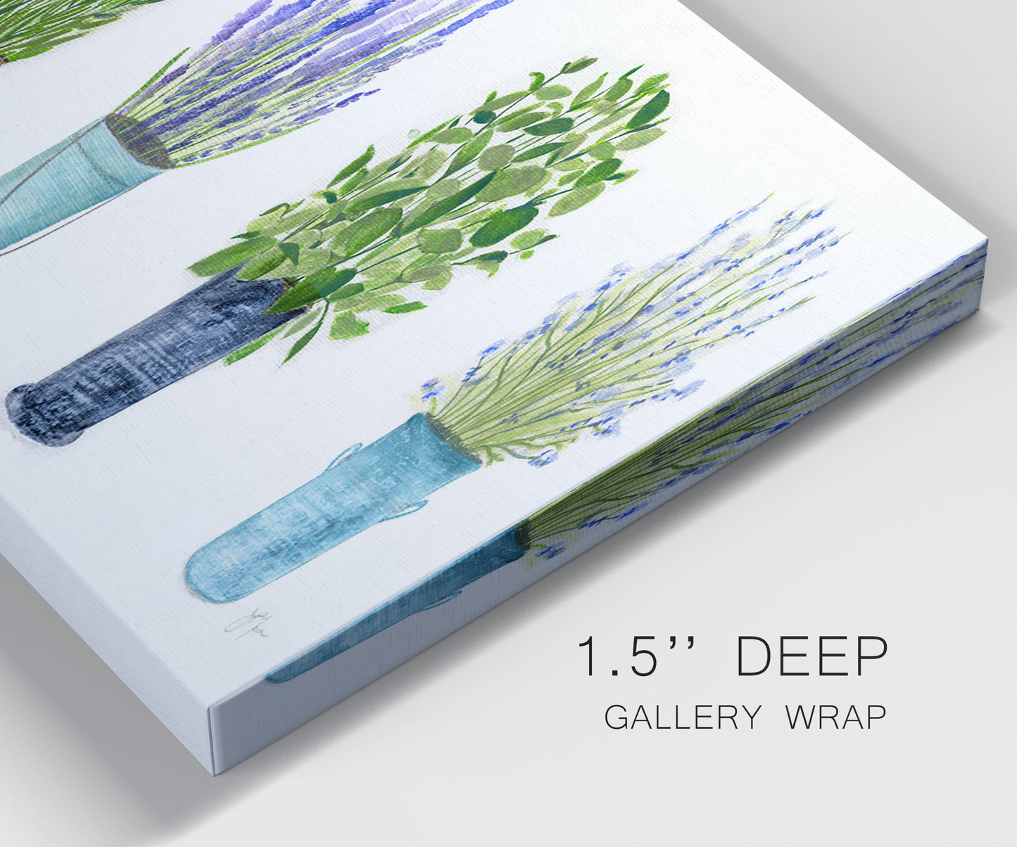 Close-up view of wrapped canvas corner featuring minimal monochrome abstract forms.